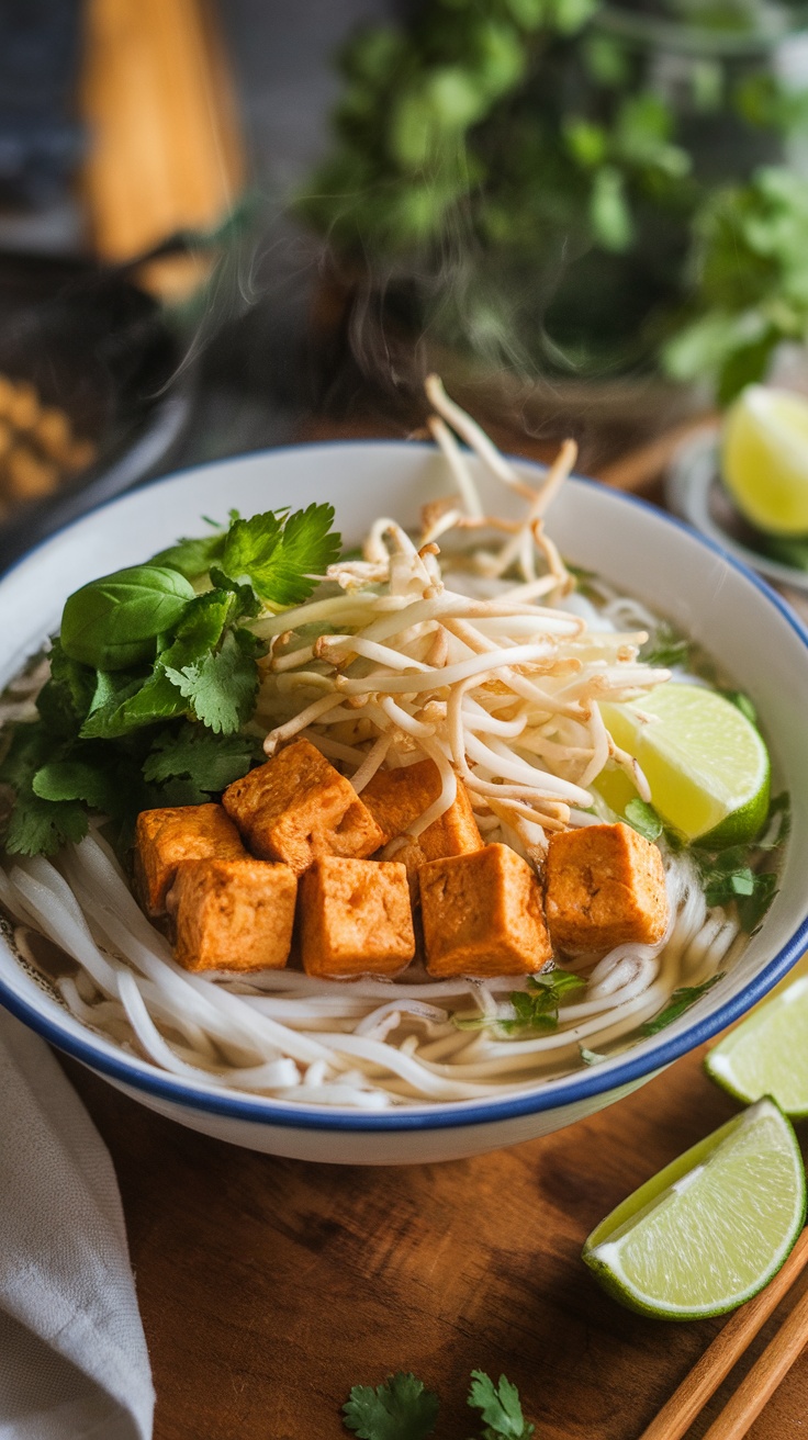 A delicious bowl of vegan pho with tofu, herbs, and rice noodles on a rustic table.